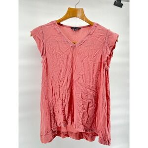 Ellen Tracy Tea Rose Pink Crinkle Rayon V-Neck Cap Sleeve Blouse XL Crochet Trim